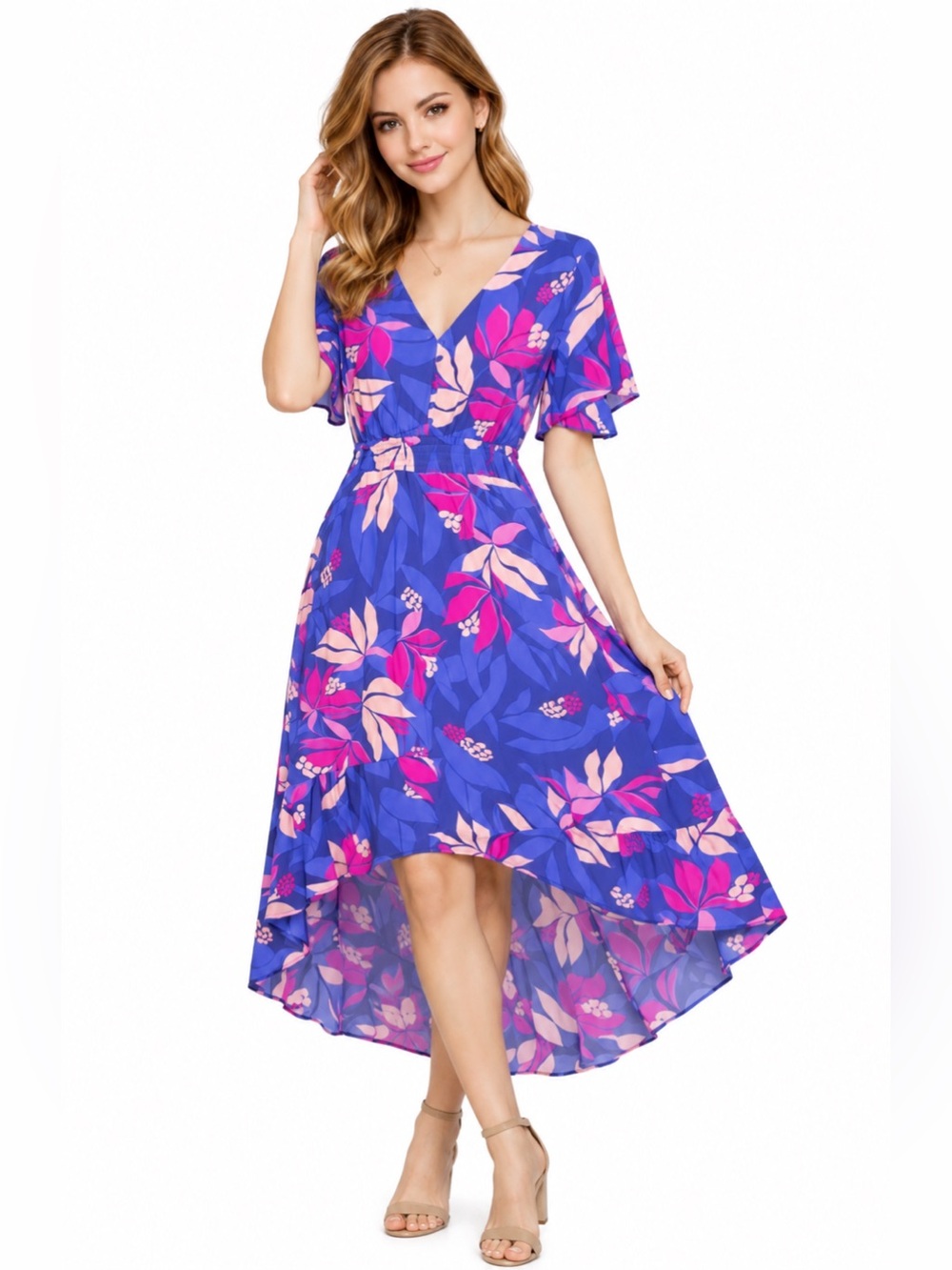 Abel the Label Anthropologie flutter sleeve high low midi dress bold floral XS